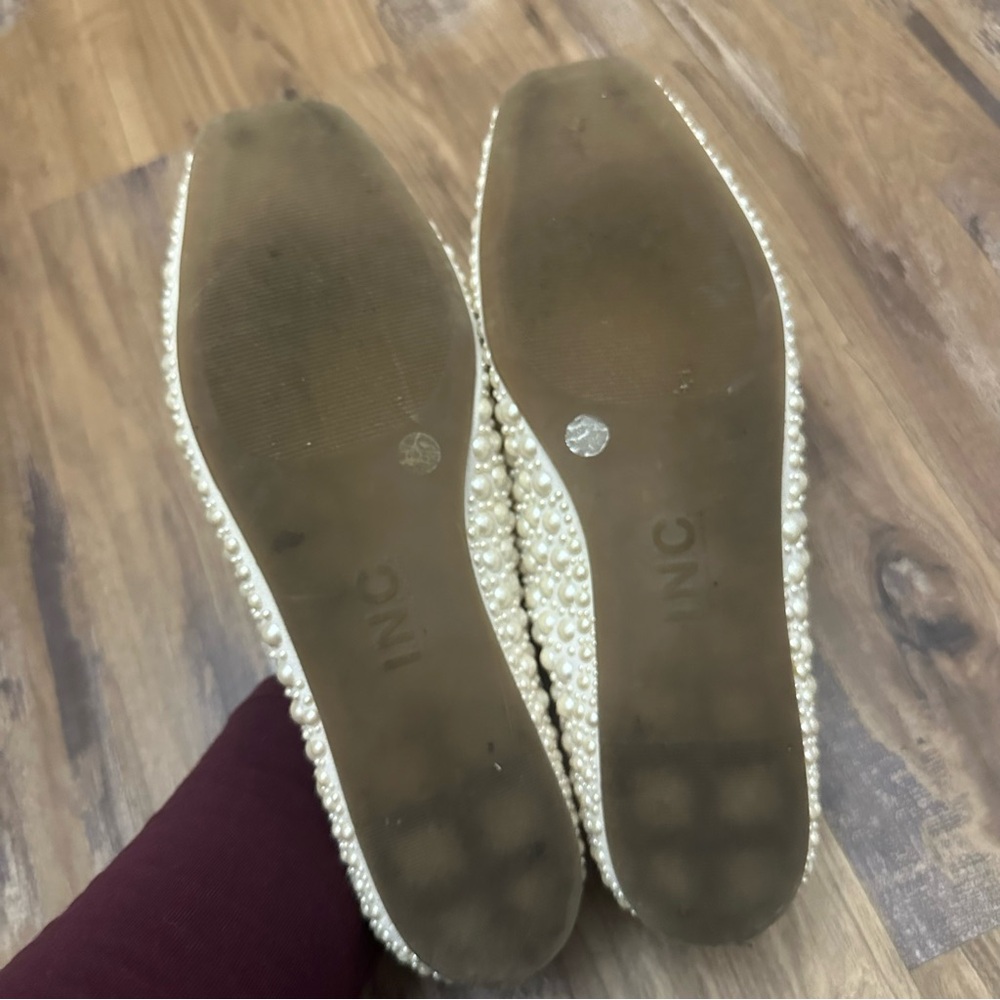 Cream Off White Pearl Beaded Square Toe Ballet Flats - Picture 4 of 8